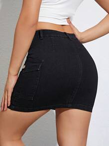 SHEIN Essnce Flap Pocket Bodycon Denim Skirt
