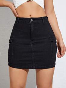 SHEIN Essnce Flap Pocket Bodycon Denim Skirt