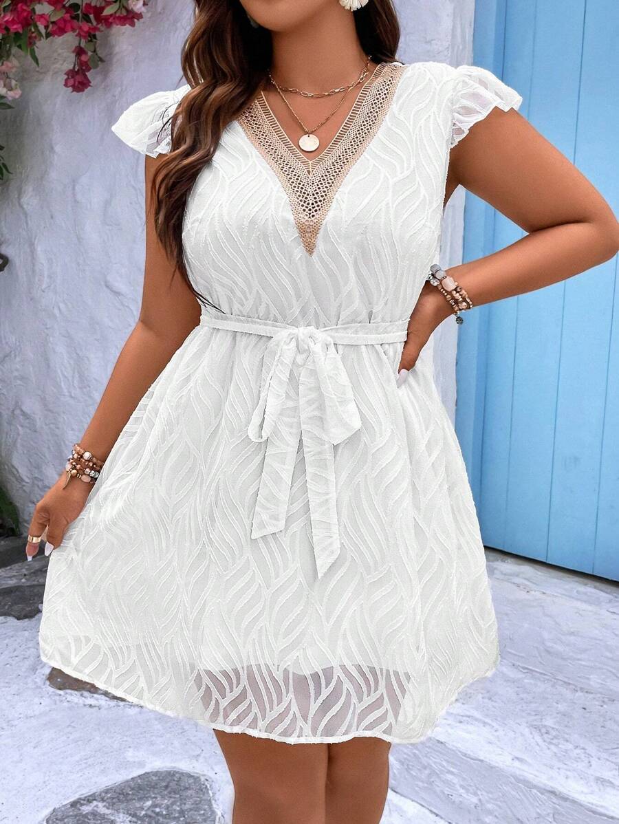 SHEIN Clasi Đầm Plus Size Thắt lưng Tương phản ren Xù Khối Màu Giải trí - trắng - Xem 1