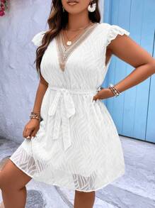 SHEIN Clasi Đầm Plus Size Thắt lưng Tương phản ren Xù Khối Màu Giải trí - trắng - Xem 5