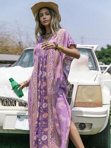 Rusttydustty 1pc Floral Print Tie Neck Batwing Sleeve M-slit Hem Dress - Multicolor - View 6