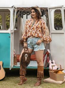 Rusttydustty Cộng với 1 chiếc áo sơ mi tay loe in hoa - Màu be - Xem 4