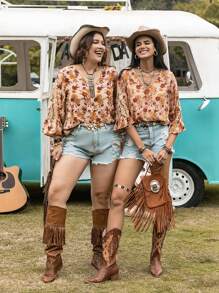 Rusttydustty Cộng với 1 chiếc áo sơ mi tay loe in hoa - Màu be - Xem 8