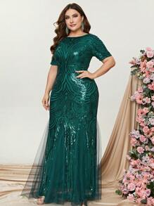 Đầm Plus Size ghép mộng kim sa Dây kéo màu trơn Buổi tiệc - Màu xanh lá cây đậm - Xem 3