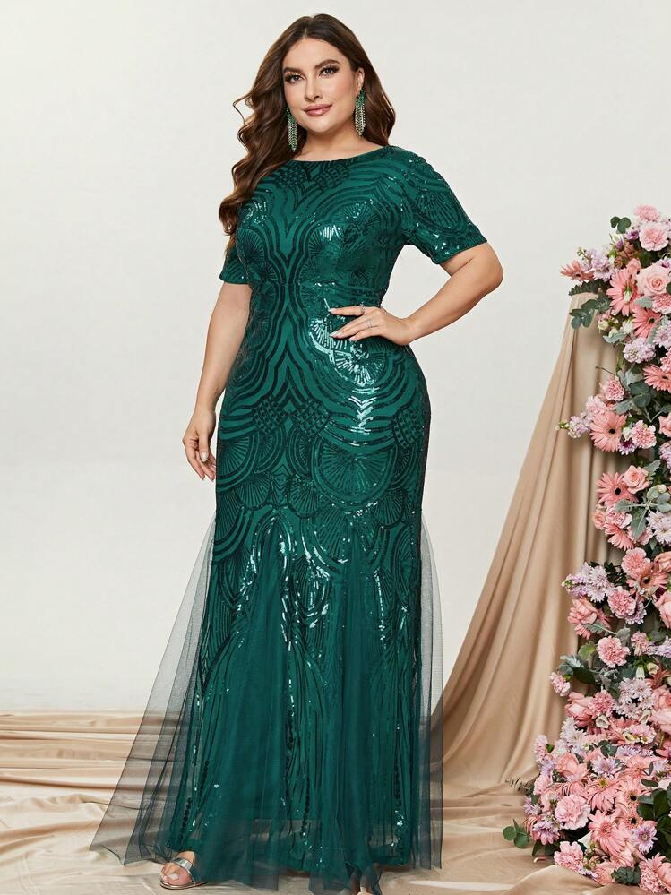 Robe habillée à sequins à maille - Vert sapin - Voir 3