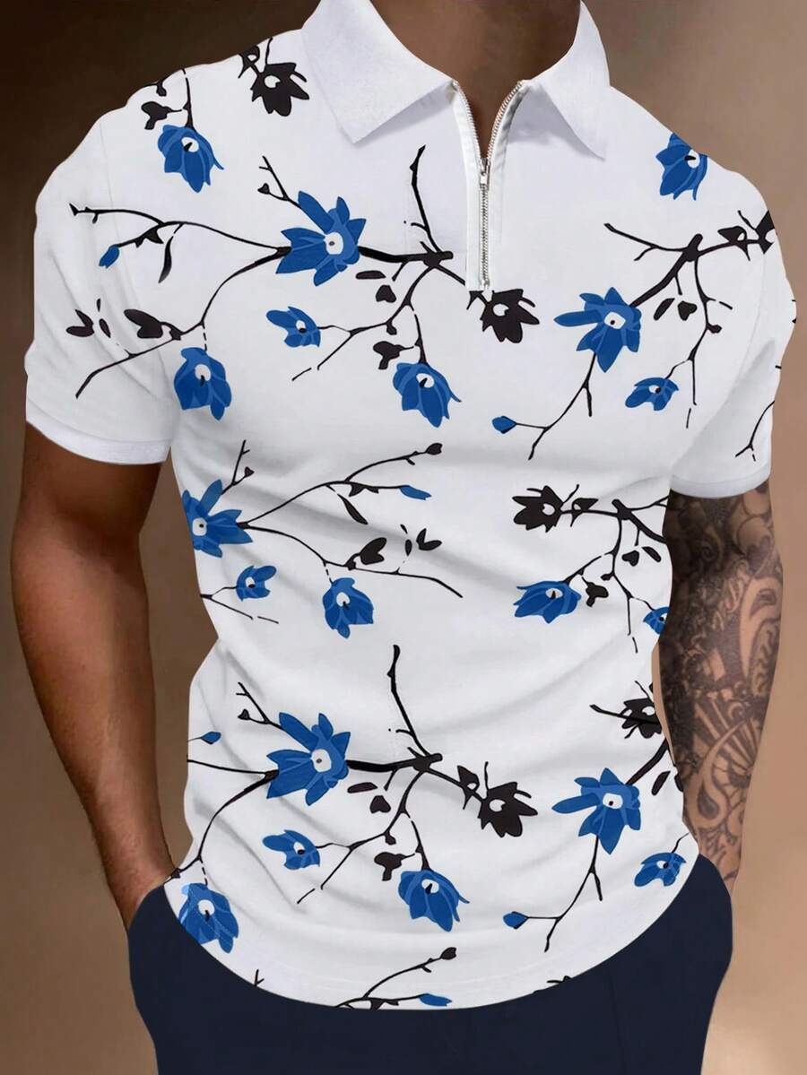 Manfinity Men Random Floral Print Polo Shirt - White - View 1