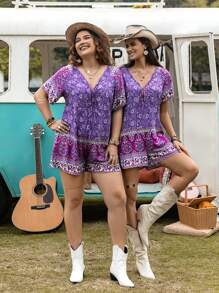 Rusttydustty Women's Purple Deep V-Neck Bow Tie Sleeveless Jumpsuit, Modern Bohemian Style, Natural Casual Vintage Print, Suitable For , Tropical Holiday, Beach Picnic, Music Festival, Tropical Vacation, Etc. - Multicolor - View 7