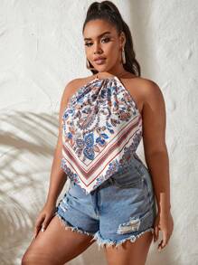 SHEIN VCAY 大碼佩斯利印花後綁帶掛脖上衣 - 彩色 - 查看 5