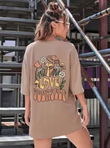 SHEIN EZwear Mushroom & Letter Graphic Drop Shoulder Tee - Khaki - View 1
