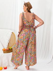 Rusttydustty Women's Plus-Size Multicolor Tropical Plant Printed V-Neck Jumpsuit Boho Easter Beach Outfits Hawaii Music Festival Tropical Vacation - Multicolor - View 2