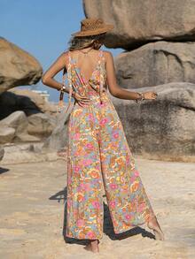 Rusttydustty 1pc Floral Print Tie Shoulder Drawstring Waist Cami Jumpsuit - Multicolor - View 2