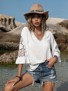 Rusttydustty Bohemian Style Women's Solid Color Lace Patchwork Slimming V-Neck 3/4 Sleeve Blouse - White - View 5