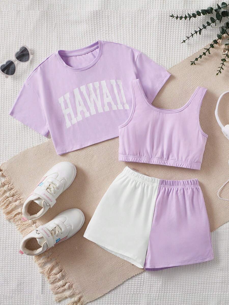 SHEIN Camiseta Sin Mangas De Color Liso Para Niña Adolescente, Pantalones Cortos De Dos Tonos Y Camiseta Con Estampado De Letras - Lila Púrpura - Ver 1