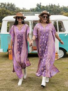 Rusttydustty 1pc Floral Print Tie Neck Batwing Sleeve M-slit Hem Dress - Multicolor - View 7