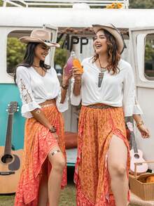 Rusttydustty Bohemian Style Women's Solid Color Lace Patchwork Slimming V-Neck 3/4 Sleeve Blouse - White - View 6