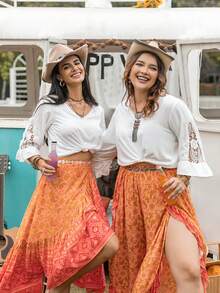 Rusttydustty Bohemian Style Women's Solid Color Lace Patchwork Slimming V-Neck 3/4 Sleeve Blouse - White - View 7