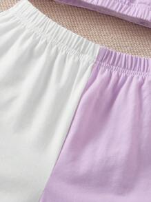 SHEIN Camiseta Sin Mangas De Color Liso Para Niña Adolescente, Pantalones Cortos De Dos Tonos Y Camiseta Con Estampado De Letras - Lila Púrpura - Ver 3