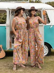 Rusttydustty Women's Plus-Size Multicolor Tropical Plant Printed V-Neck Jumpsuit Boho Easter Beach Outfits Hawaii Music Festival Tropical Vacation - Multicolor - View 6