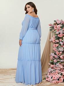 Women Elegant Plus Off Shoulder Flounce Sleeve Ruffle Hem Belted Dress,Summer Holiday Outfits - Baby Blue - View 2