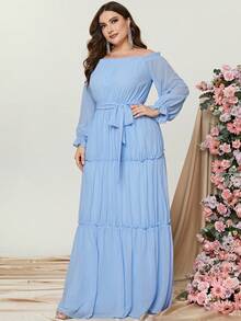Women Elegant Plus Off Shoulder Flounce Sleeve Ruffle Hem Belted Dress,Summer Holiday Outfits - Baby Blue - View 3