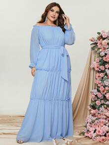 Women Elegant Plus Off Shoulder Flounce Sleeve Ruffle Hem Belted Dress,Summer Holiday Outfits - Baby Blue - View 4