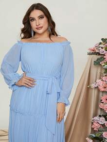 Women Elegant Plus Off Shoulder Flounce Sleeve Ruffle Hem Belted Dress,Summer Holiday Outfits - Baby Blue - View 5