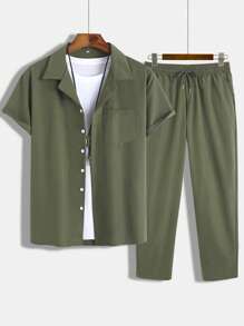 Manfinity Homme Men Lapel Collar Pocket Patched Shirt & Pants - Green - View 1