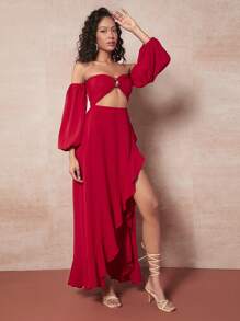 evoluSHEIN X Anitta 一字肩環鏈鏤空燈籠袖不對稱下擺連衣裙 - 紅色 - 查看 4