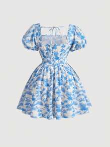 SHEIN MOD 大碼印花後背繫帶泡泡袖連衣裙 - 藍白色 - 查看 2