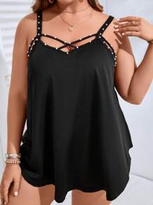 SHEIN LUNE Plus Pearls Beaded Crisscross Front Cami Top - Black - View 6