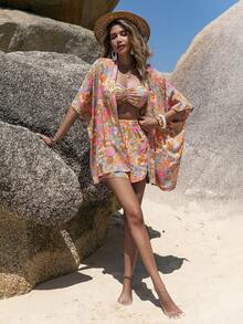 Rusttydustty Summer Multicolor Floral Print Tops, Cardigans And Shorts, Women's Beach Wear Three Pieces Set, Short-Sleeved Bohemian Seaside Holiday Music Festival. - Multicolor - View 5