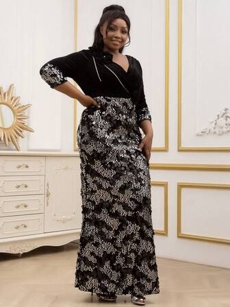 亮片拼接交疊領連衣裙