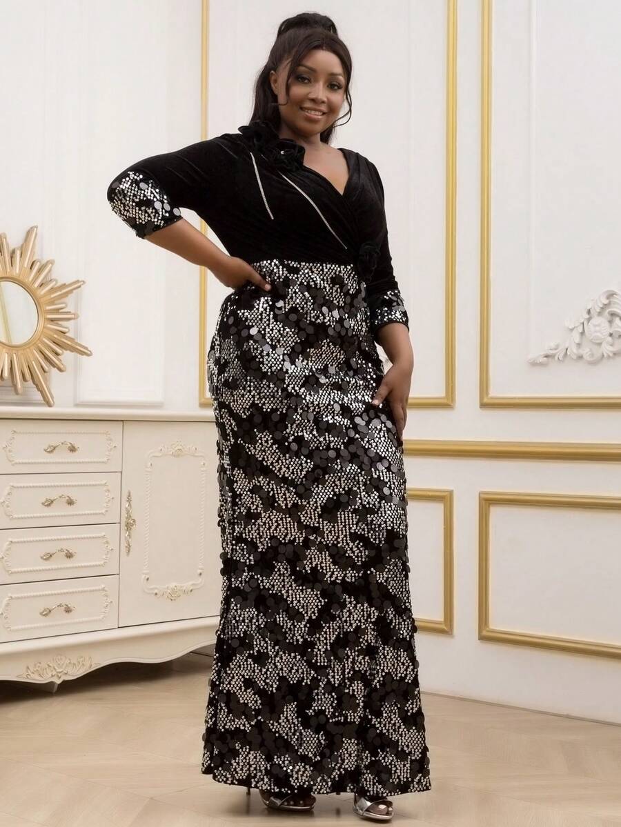 Contrast Sequin Surplice Neck Dress - Black - View 1