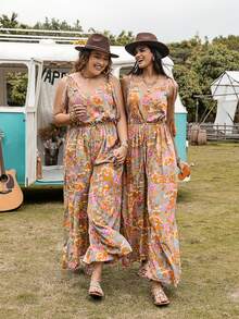 Rusttydustty 1pc Floral Print Tie Shoulder Drawstring Waist Cami Jumpsuit - Multicolor - View 8