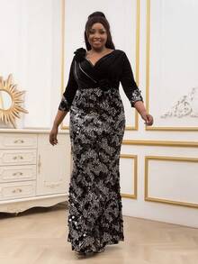 Contrast Sequin Surplice Neck Dress - Black - View 5