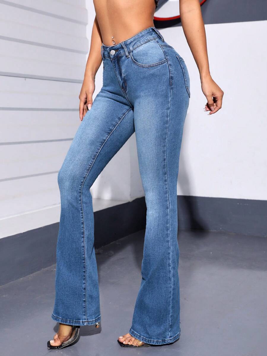 SHEIN SXY Jeans de pierna amplia con cremallera - Azul lavado medio - Ver 1
