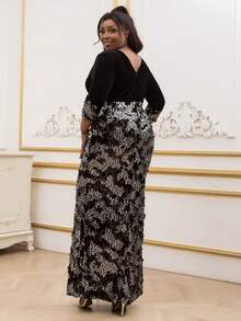 Contrast Sequin Surplice Neck Dress - Black - View 7