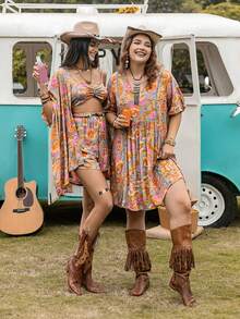 Rusttydustty Summer Multicolor Floral Print Tops, Cardigans And Shorts, Women's Beach Wear Three Pieces Set, Short-Sleeved Bohemian Seaside Holiday Music Festival. - Multicolor - View 6