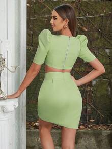Square Neck Puff Sleeve Crop Top & Wrap Hem Skirt