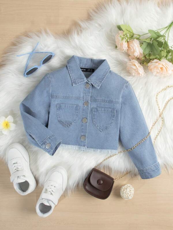 Petite fille Chemise en jean patch à poche à ourlet effiloché court