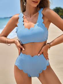 SHEIN Scallop Trim High Waisted Bikini Set - Baby Blue - View 5