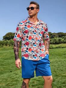 Manfinity Men Plus Allover Plants Print Shirt & Shorts - Multicolor - View 4