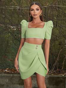 Square Neck Puff Sleeve Crop Top & Wrap Hem Skirt