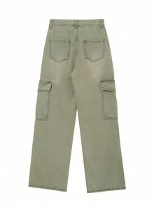 Solid Flap Pocket Cargo Jeans - Army Green - View 6
