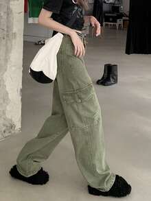 Solid Flap Pocket Cargo Jeans - Army Green - View 3