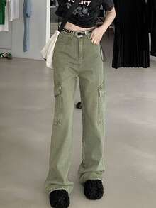 Solid Flap Pocket Cargo Jeans - Army Green - View 4