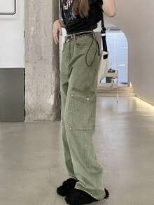 Solid Flap Pocket Cargo Jeans - Army Green - View 5