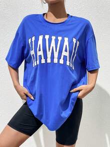SHEIN EZwear Letter Graphic Drop Shoulder Tee - Royal Blue - View 2