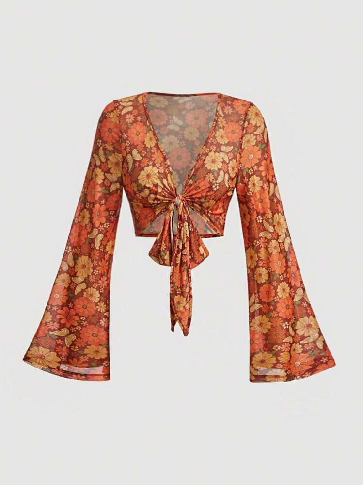 SHEIN MOD Top Court Imprimé Floral À Nœud