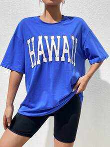 SHEIN EZwear Letter Graphic Drop Shoulder Tee - Royal Blue - View 4